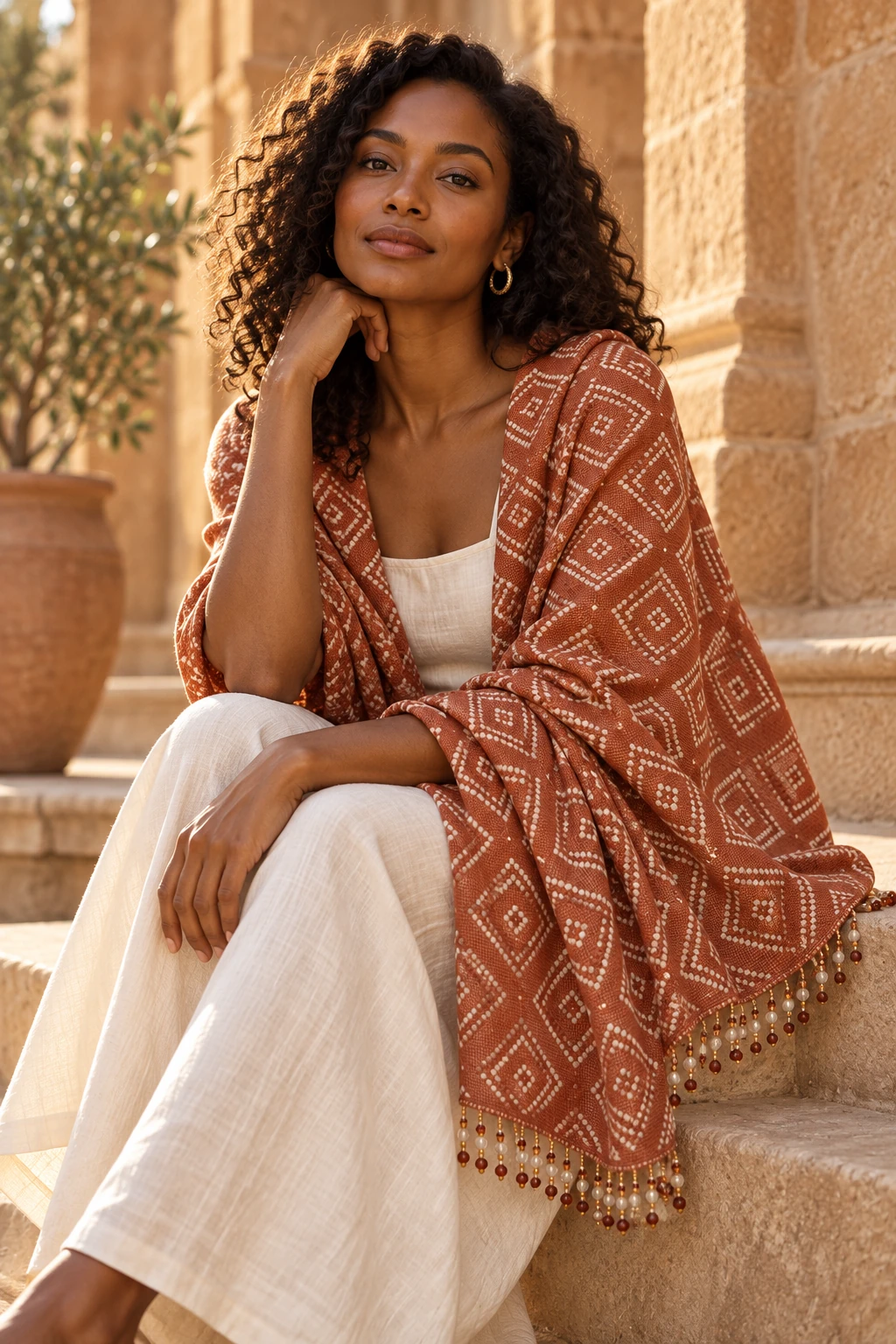 Terra Diamond shawl worn draped across the shoulders